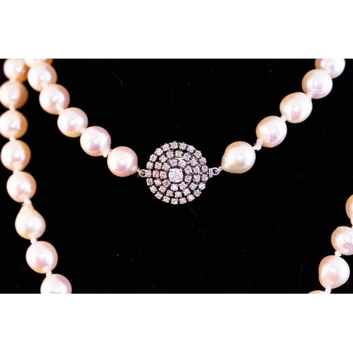 255 - STRING OF PEARLS WITH PLATINUM + DIAMOND CLASP 36CM