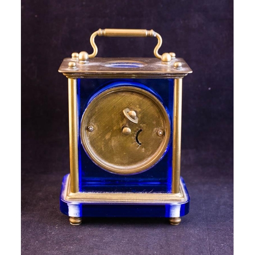 278 - BRASS + BLUE GLASS CARRIAGE CLOCK