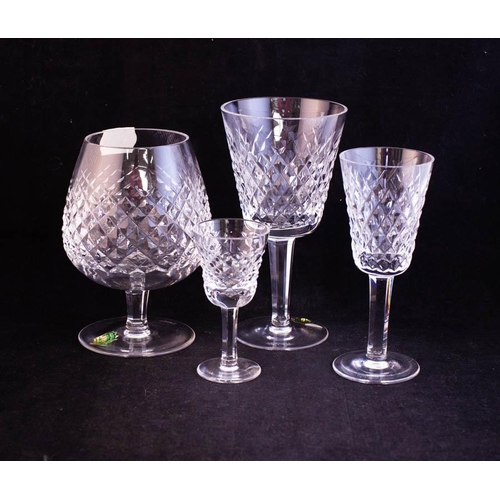 SUITE OF 8 EACH WATERFORD CRYSTAL ALANA FOOTED DESSERT, BRANDY BALLOONS, WHITE WINES, JUICES, 6OZ TUMBLERS, PORT + SHERRY GLASSES