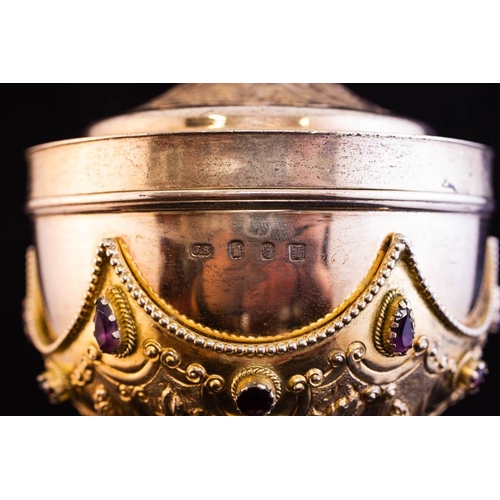 287 - IRISH SILVER GILT CHALICE ENCRUSTED WITH GARNETS + AMETHYSTS - 524G