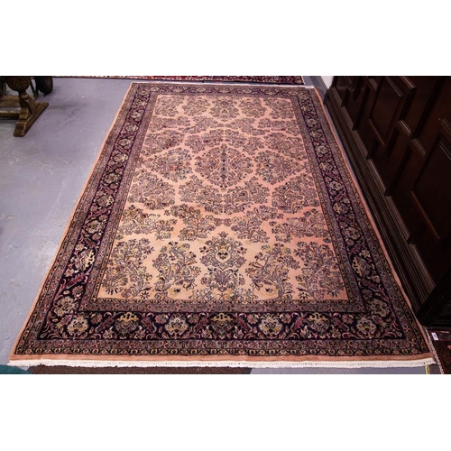 345 - FULL PILE PINK GROUND PERSIAN HARDIBEL RUG 315L X 197W CM