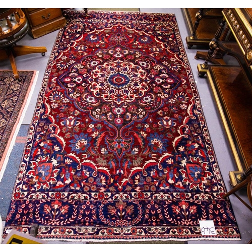 346 - RICH RED + BLUE GROUND PERSIAN PACHILAR RUG 307 X 163 CM