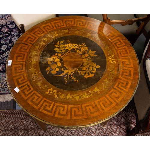 430 - ANTIQUE MARQUETRY INLAID CENTRE TABLE WITH BRASS RIM. 82CM DIAMETER