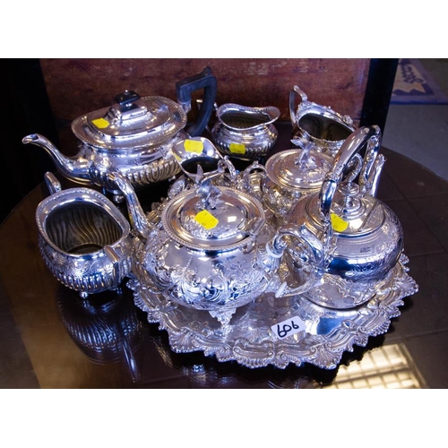 606 - SILVER PLATED TRAY, TEA POTS, SUGARS ETC