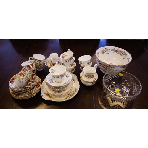 609 - TUSCAN PROVENCE TEA SET, ROYAL ALBERT TEA SET, CROWN STAFFORDSHIRE BOWL + CUT GLASS BOWL