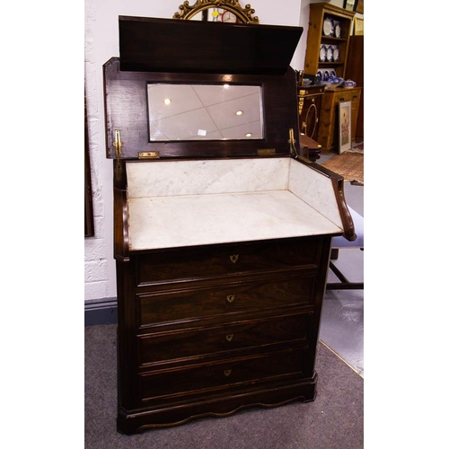 62 - FRENCH ROSEWOOD WASHSTAND  WITH 4 DRAWERS , LIFT TOP FITTED WITH MARBLE & MIRROR BACK. 
 80 X 47CM  ... 