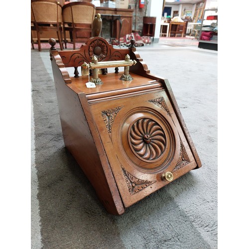 79 - CARVED WALNUT SLOPE FRONT COAL BOX WITH SHOVEL