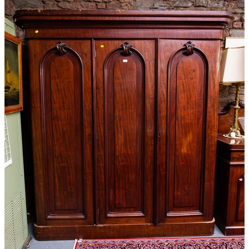 130 - VICTORIAN MAHOGANY 3 DOOR WARDROBE. 196 X 70 X 220CM HIGH