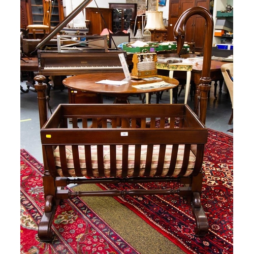 QUALITY ANTIQUE SWAN NECK MAHOGANY CHILDS CRADLE - PREVIOUSLY OWNED BY THE MALCOLMSON FAMILY. 104 CM LONG X 55CM X 143CM HIGH.