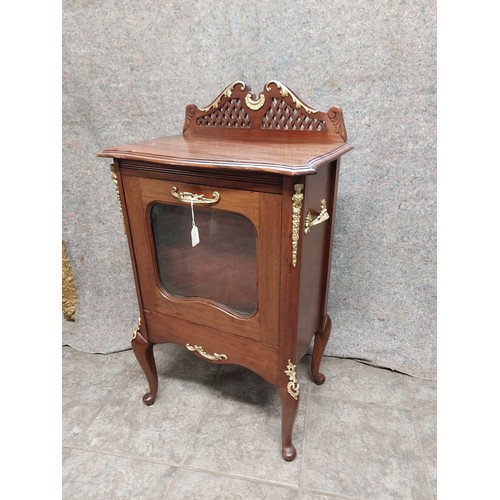 98 - MAHOGANY GLASS FRONT CABRIOLE LEG MUSIC CABINET. 53CM W, 92CM HIGH, 37CM D