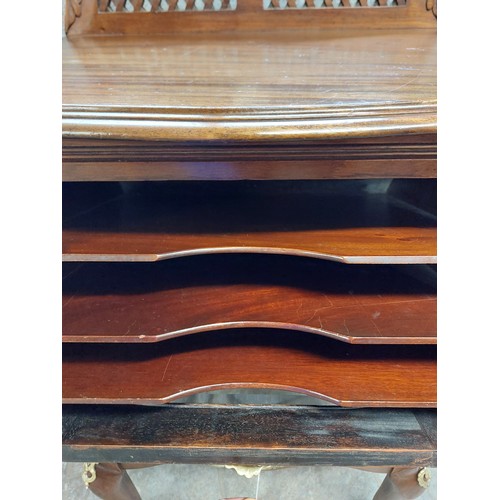 98 - MAHOGANY GLASS FRONT CABRIOLE LEG MUSIC CABINET. 53CM W, 92CM HIGH, 37CM D