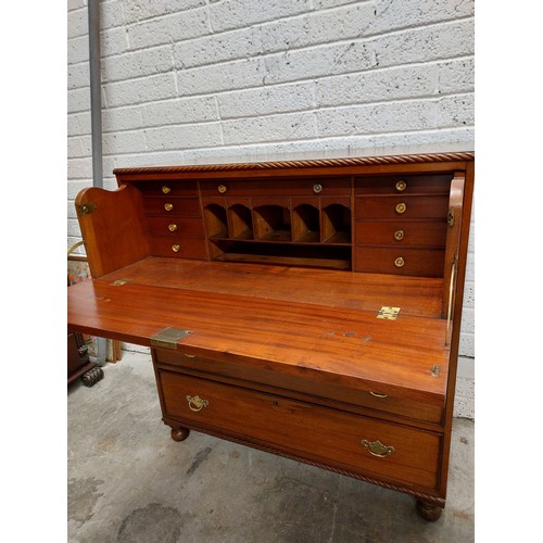 59 - ANTIQUE MAHOGANY SECRETAIRE CHEST ON BUN FEET.

113CM W, 57CM D, 117CM H