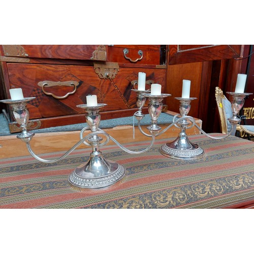 85 - PAIR OF SILVER PLATED CANDELABRA + 2 HEAVY BOWLS