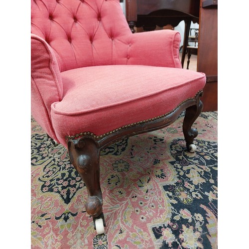 139 - VICTORIAN BUTTON BACK LADIES OCCASIONAL CHAIR ON CABRIOLE LEGS