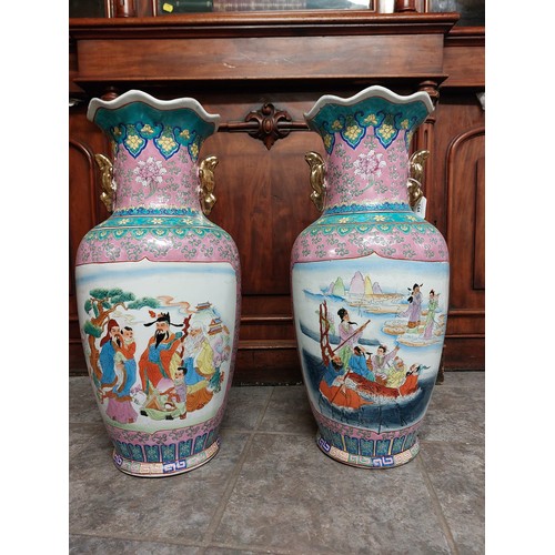 144 - PAIR OF JAPANESE STYLE CERAMIC VASES. 62CM HIGH