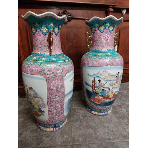 144 - PAIR OF JAPANESE STYLE CERAMIC VASES. 62CM HIGH