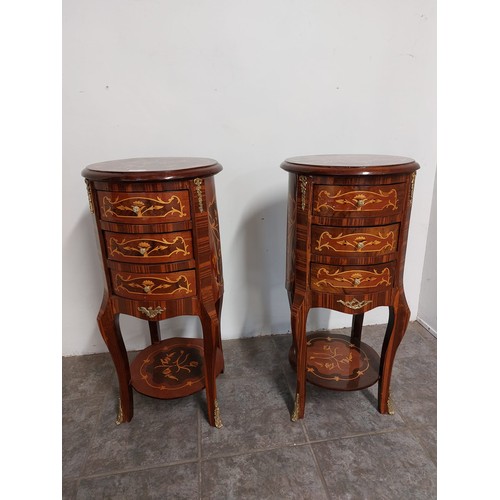 153 - PAIR OF ORNATE FRENCH CIRCULAR BEDSIDE LOCKERS WITH MARQUETRY STYLE DETAIL AND BRASS MOUNTS. 
78CM H