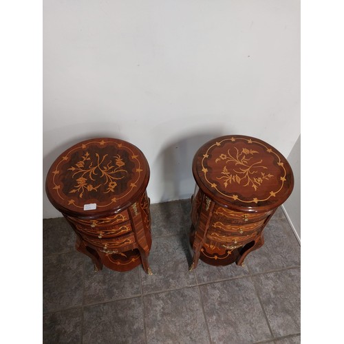 153 - PAIR OF ORNATE FRENCH CIRCULAR BEDSIDE LOCKERS WITH MARQUETRY STYLE DETAIL AND BRASS MOUNTS. 
78CM H