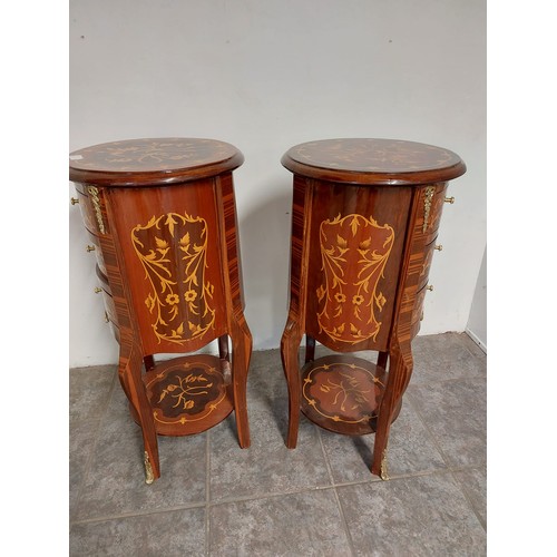 153 - PAIR OF ORNATE FRENCH CIRCULAR BEDSIDE LOCKERS WITH MARQUETRY STYLE DETAIL AND BRASS MOUNTS. 
78CM H