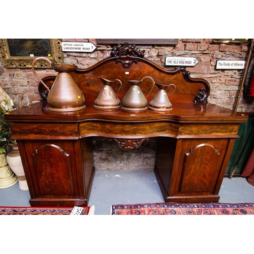 143 - VICTORIAN MAHOGANY SHAPED FRONT PEDESTAL SIDEBOARD 206W X 65D X 160H CM