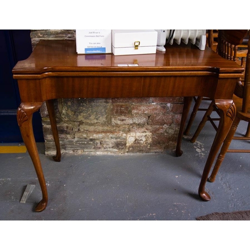 184 - MAHOGANY FOLD OVER CARD TABLE. 90 X 45CM