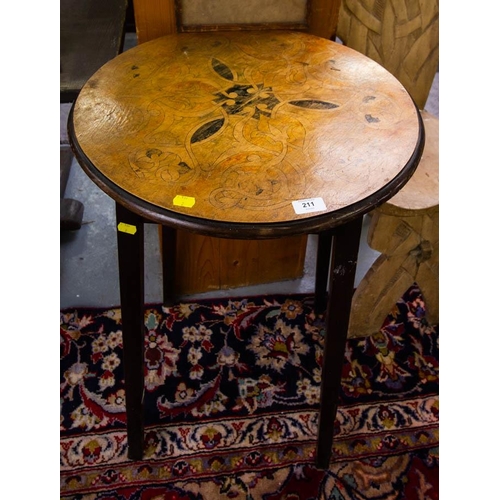 211 - OCCASIONAL TABLE, CARVED BACK CHAIR + INLAID CLOCK