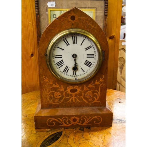 211 - OCCASIONAL TABLE, CARVED BACK CHAIR + INLAID CLOCK