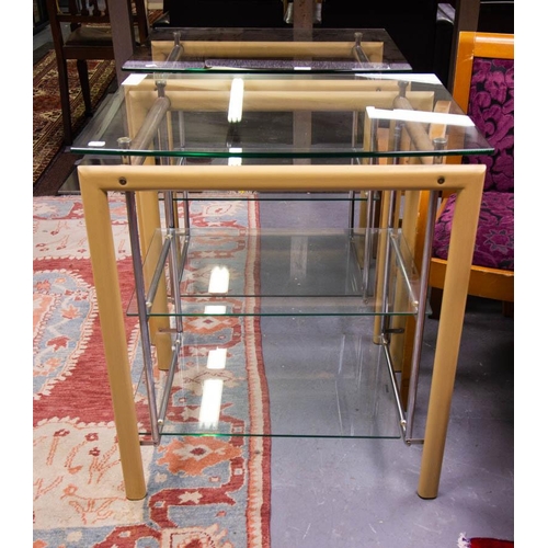 224 - 2 X 3 TIRE GLASS TOP TABLES. 68 X 52 X 80CM HIGH