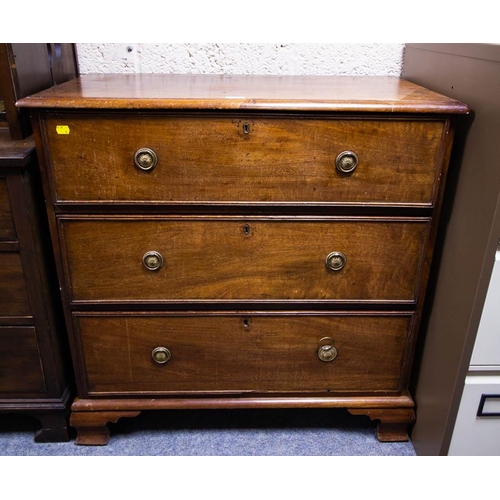 107 - ANTIQUE MAHOGANY NEAT 3 DRAWER CHEST ON BRACKET FEET. 90 X 47 CM X 90CM HIGH