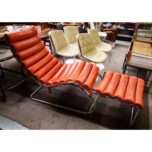1970’S VINTAGE ORANGE MIES VAN DER ROHE COLLECTION LEATHER CHAISE AND FOOTSTOOL