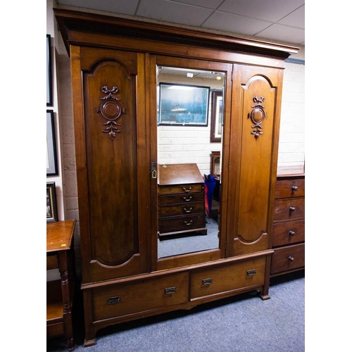 110 - EDWARDIAN MAHOGANY 3 DOOR MIRROR WARDROBE WITH DRAWER BASE. 170CM WIDE