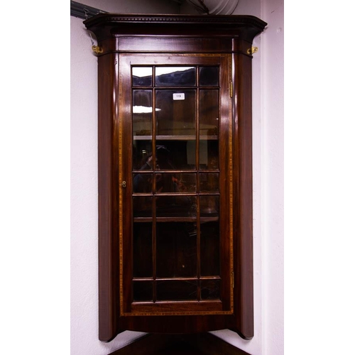 119 - QUALITY ANTIQUE MAHOGANY INLAID CORNER CABINET. 108 CM HIGH X 38CM