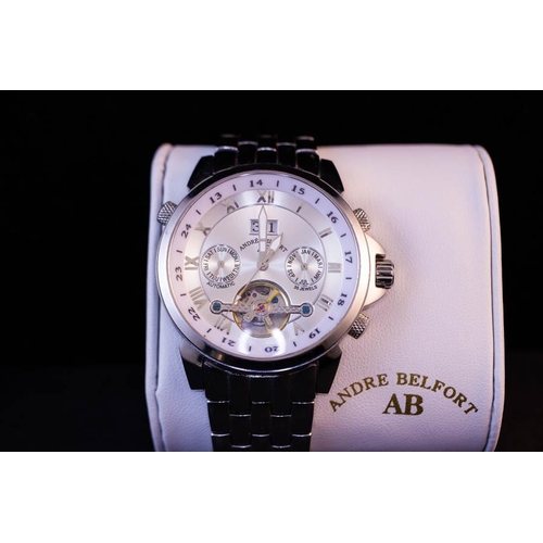 180 - ANDRE BELFORT STAINLESS STEEL GENTS WATCH BOXED + CERTS ETOILE POLAIRE SILVER