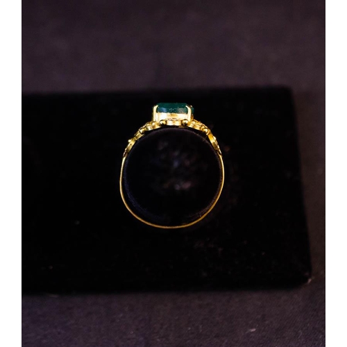 190 - 2X 18K YELLOW GOLD + EMERALD RINGS - 1 FILIGREE + 1 BAND WITH 3 EMERALDS INSET