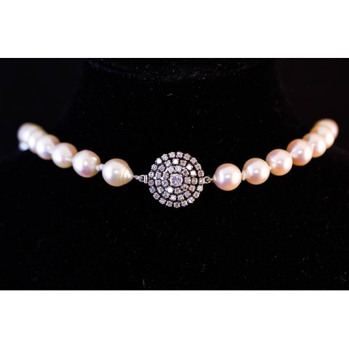 215 - STRING OF PEARLS WITH PLATINUM + DIAMOND CLASP 36CM