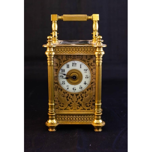 272 - ORNATE BRASS CARRIAGE CLOCK R & CO PARIS IN ORIGINAL CASE WITH KEY