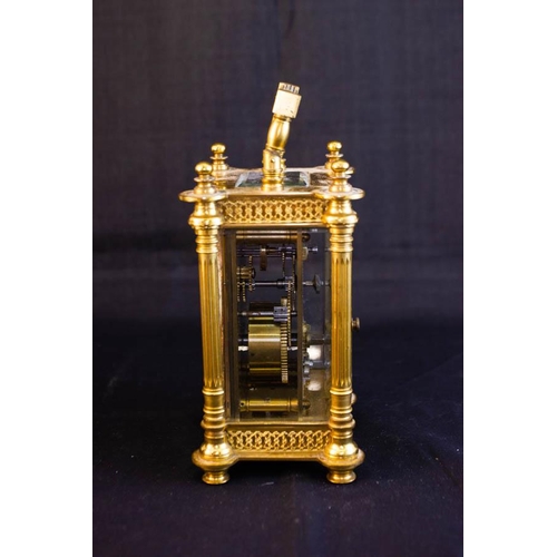 272 - ORNATE BRASS CARRIAGE CLOCK R & CO PARIS IN ORIGINAL CASE WITH KEY