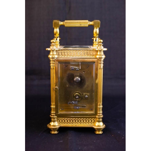 272 - ORNATE BRASS CARRIAGE CLOCK R & CO PARIS IN ORIGINAL CASE WITH KEY