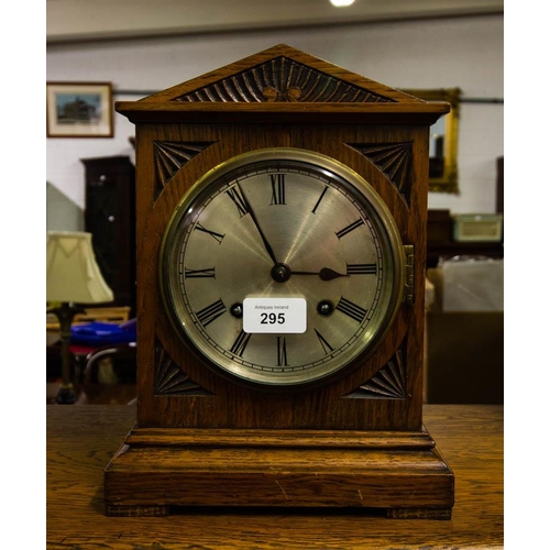 295 - CARVED OAK CLOCK WITH KEY 21 X 45 X 29H CM