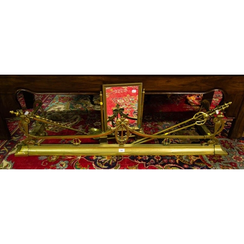 309 - BRASS MIRROR, ODD FIRE IRONS + BRASS FENDER
fender measures 137cm w, 39cm d