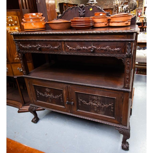 498 - ANTIQUE CARVED MAHOGANY DUMBWAITER WITH CLAW FEET. 122 X 52CM X 145CM HIGH