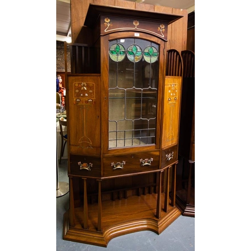 500 - PAIR OF INLAID ART NOUVEAU LEADED GLASS CABINETS IN LIBERTY STYLE. 120 X 45CM X 188CM HIGH