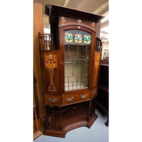 500 - PAIR OF INLAID ART NOUVEAU LEADED GLASS CABINETS IN LIBERTY STYLE. 120 X 45CM X 188CM HIGH