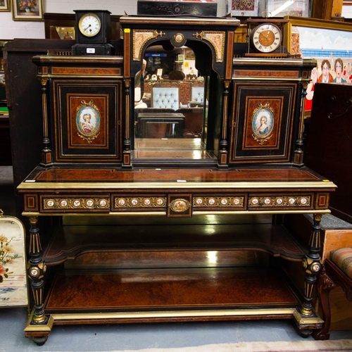 521 - 19C BURR WALNUT EBONIZED AND GILT BRASS MOUNTED SIDE CABINET WITH PORCELAIN PLAQUES. 154H X 135 W X ... 