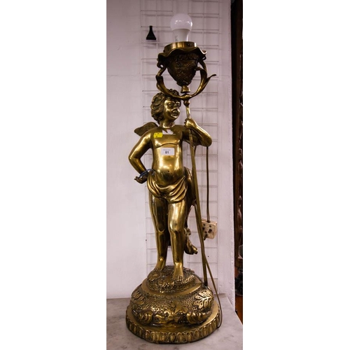 81 - PAIR OF BRASS CHERUB LAMPS. ONE SHADE MISSING. 94CM HIGH