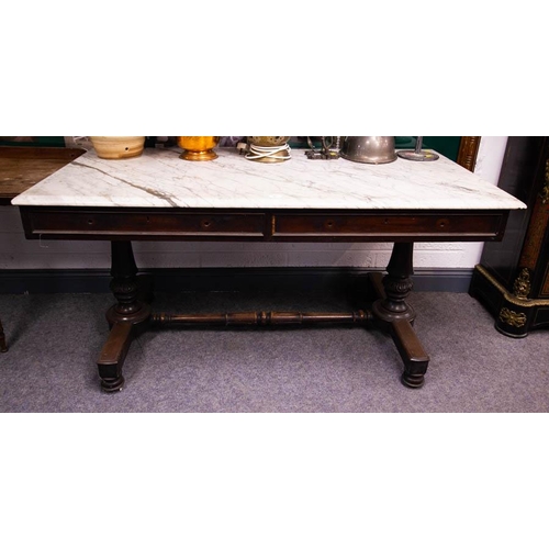 82 - ANTIQUE MAHOGANY LIBRARY TABLE WITH MARBLE TOP - AF 80 X 155 X 80CM HIGH