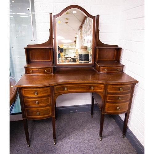 85 - EDWARDIAN INLAID SHAPED FRONT MAHOGANY DRESSING TABLE. 123 X 55CM X 155CM HIGH