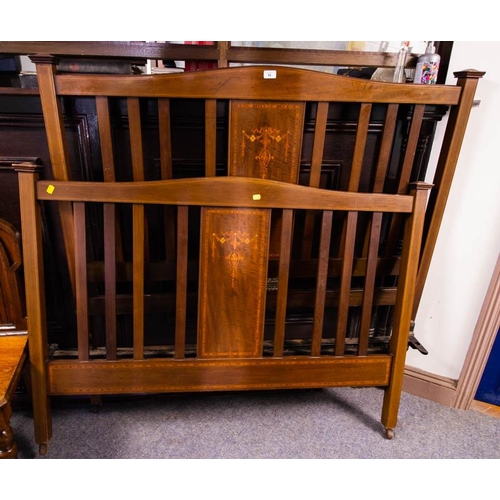 88 - EDWARDIAN INLAID MAHOGANY RAIL BED. 4'6