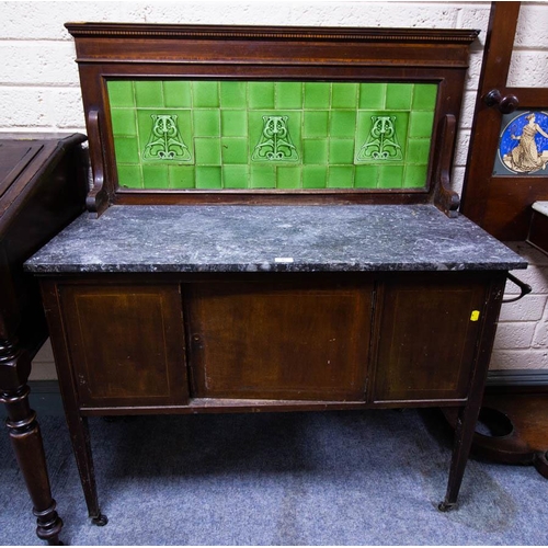 97 - INLAID MAHOGANY MARBLE TOP WASHSTAND   WITH ORIGINAL TILED BACK. 107 X 48CM X 125CM HIGH