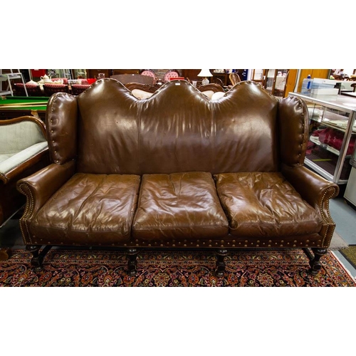 124 - BROWN LEATHER HUMP BACK 3 SEATER SETTEE. 202LONG X 100CM WIDE X 115CM HIGH